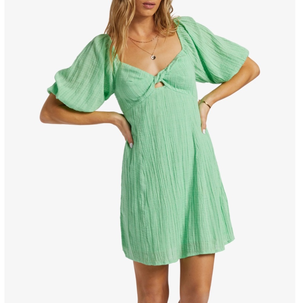 Billabong Sol Puff Sleeve Green Mini Dress Cotton Small Coastal Summer Beach